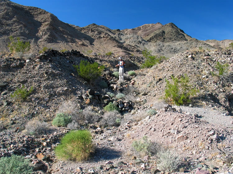 To the left, along the top of the wash that Niki is facing, is a low rock wall.