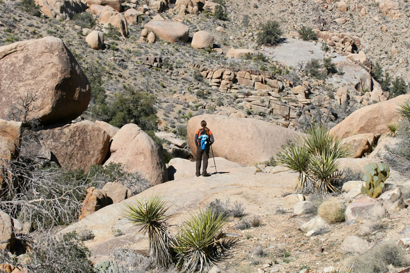 Niki decides that she wants to climb down to the canyon below to check out a metal object driven into the top of a boulder.