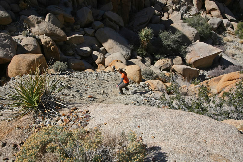 Here she is on the way down.  You can see the boulder with the metal object on top of it off to the right.