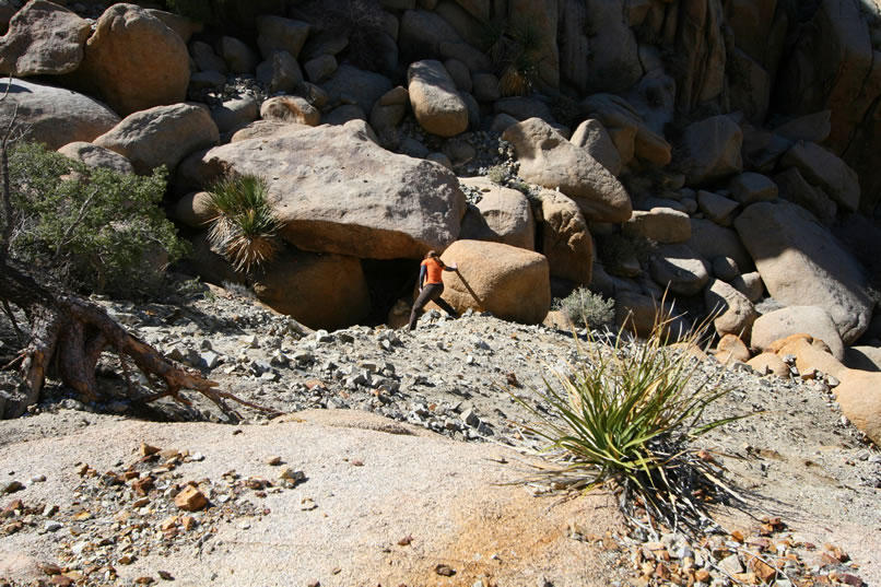A piece of pinyon pine with nails in it catches her eye.  The wood is jammed among some rocks at the entrance to the hollow under the boulders in front of her.