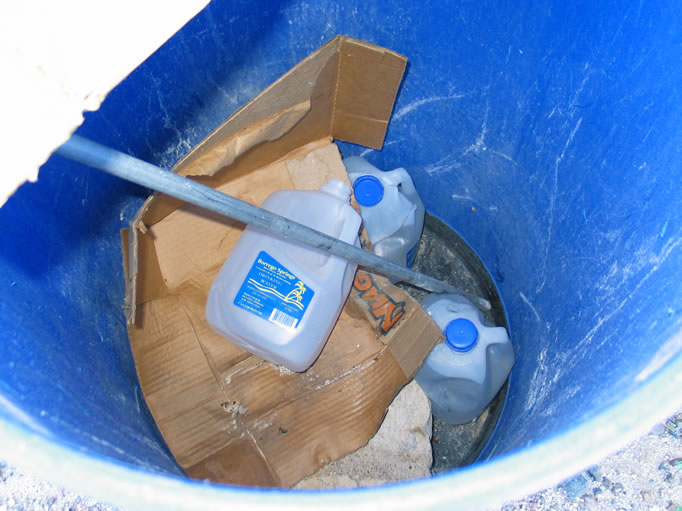 They're stocked with one gallon jugs.  The empty containers now litter the surrounding desert.  Please be alert if you travel in this area.  It is heavily used by illegal immigrants, partly due to the water stations.