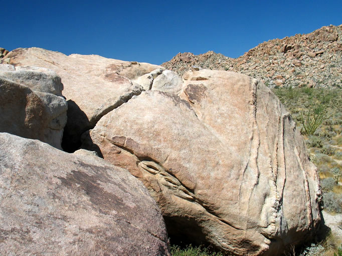 Numerous ceremonial yonis, or vagina shaped fertility symbols, are located on the boulders of Indian Hill.  In this photo there are three small yonis and a larger one on the top of the boulder.