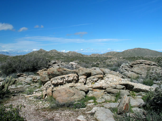 While hiking around the Little Randsburg we found numerous pegmatite veins.