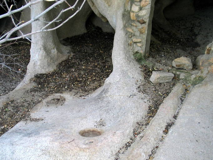 In front of the storage cave is another sign of earlier use in the form of a bedrock mortar.  This would probably have been used by Indians to grind acorns and mesquite beans.