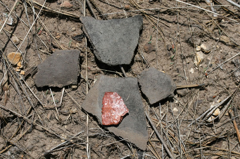 Here's a group shot of the artifacts that we find in this little boulder protected nook.  (Remember, take only photographs.  Always replace artifacts where you've found them.)