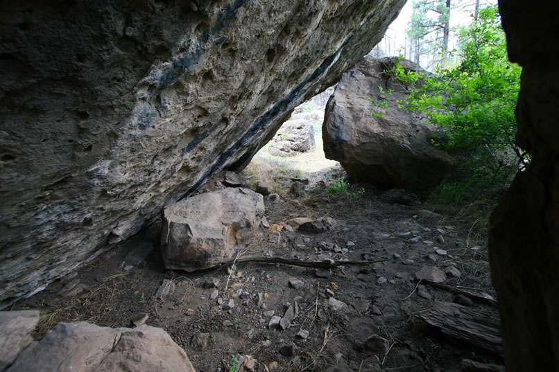 This view is looking from inside the shelter toward the small entrance.
