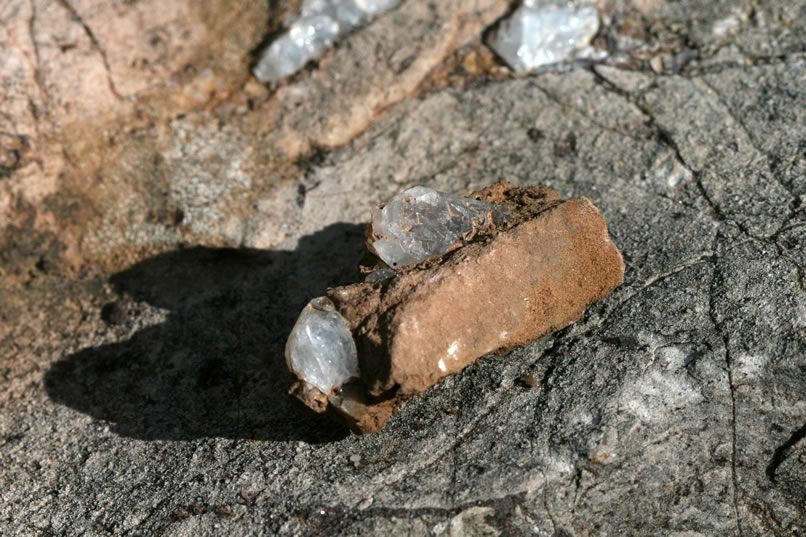 Quartz chunks, like those seen here, keep our spirits high as we prepare to return to the truck for a snack and then continue the hunt in a different direction.