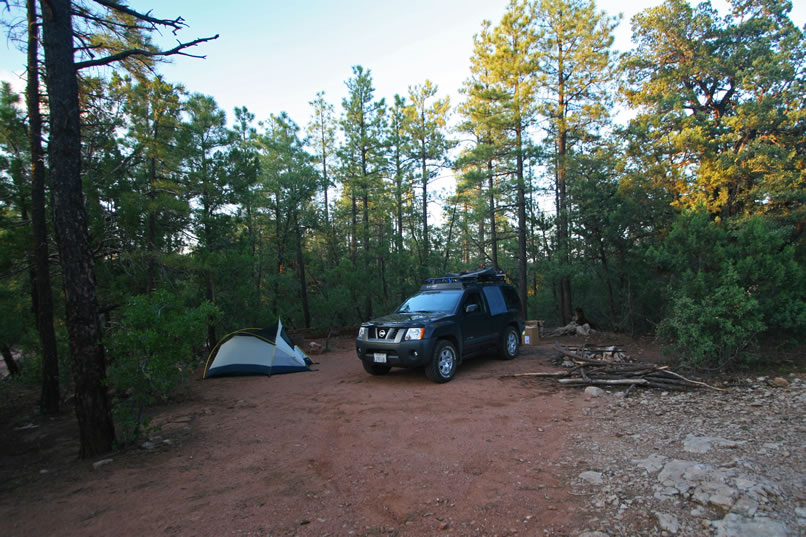 As the daylight fades and the temperatures drop, Joyce gets her tent set up and the Dzrtgrls enjoy a snug, bug free night in the back of the Xterra!
