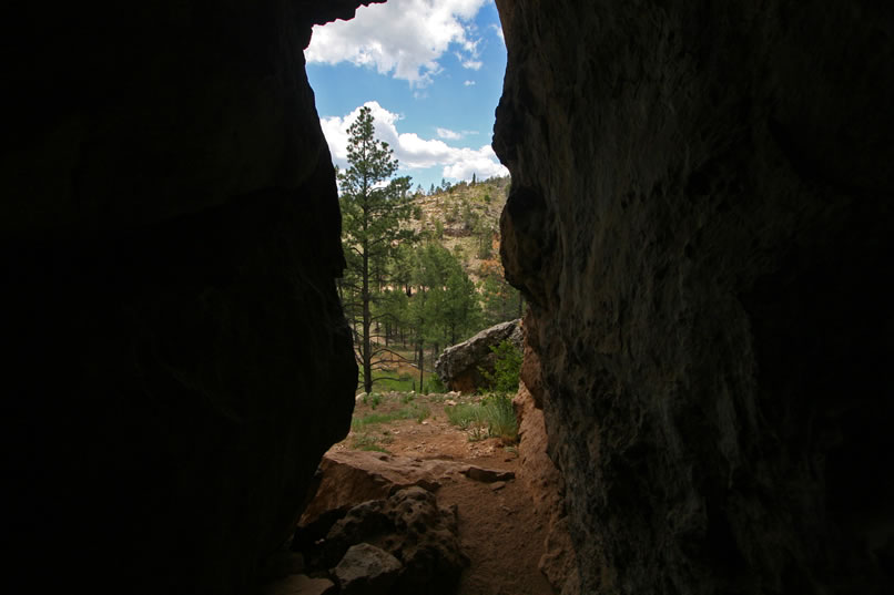 This view is looking out from a narrow cave at the far end of the shelter.