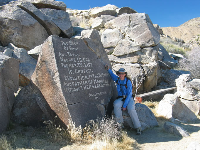 In 1927 a Swedish immigrant named John Samuelson homesteaded here in the middle of Lost Horse Valley.  He built a small cabin on a flat spot atop this rocky outcrop and, between stints as a miner and sheep rancher, began to chisel his observations on life, nature and humanity's foibles onto the granite boulders.