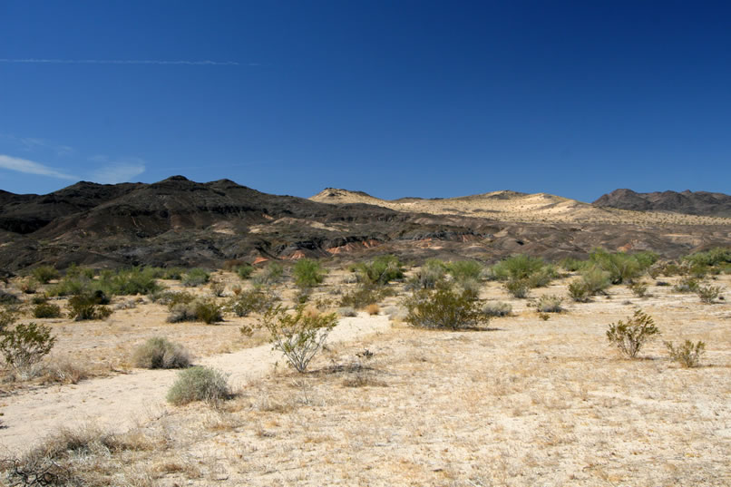 Here we've made our turn to the west around the shoulder of the Eagle Mountains.  In the middle of the photo you can see the reddish line of non fossil bearing baked red lacustrine sediments overlain by dark tertiary basalt.