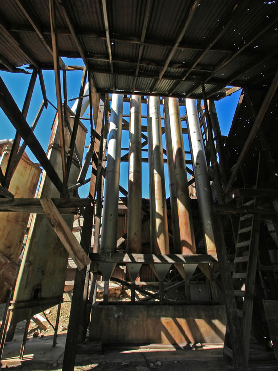 After the roasting process the quicksilver passed through this series of condenser pipes and was eventually deposited in special containers filled with water.