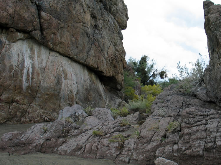 As we're getting ready to move on, we realize that the vertical rock face opposite the little caves is covered in numerous very faded red pictographs!