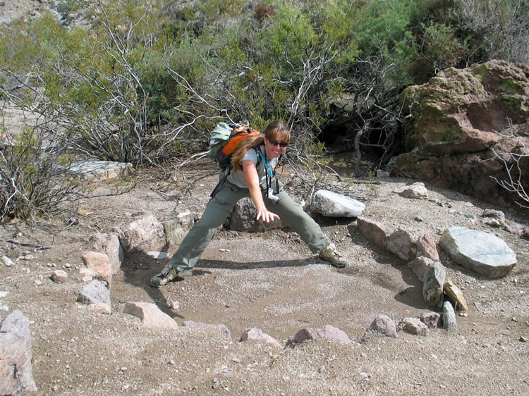 As we approach the shelter we come upon a small arrastra.  A couple of rocks with flat bottoms indicate that they might have been drag stones.