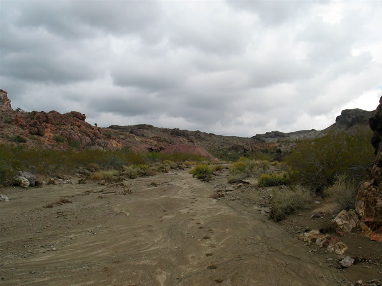 A look back at our footprints in the wash as we pass the old quarry.