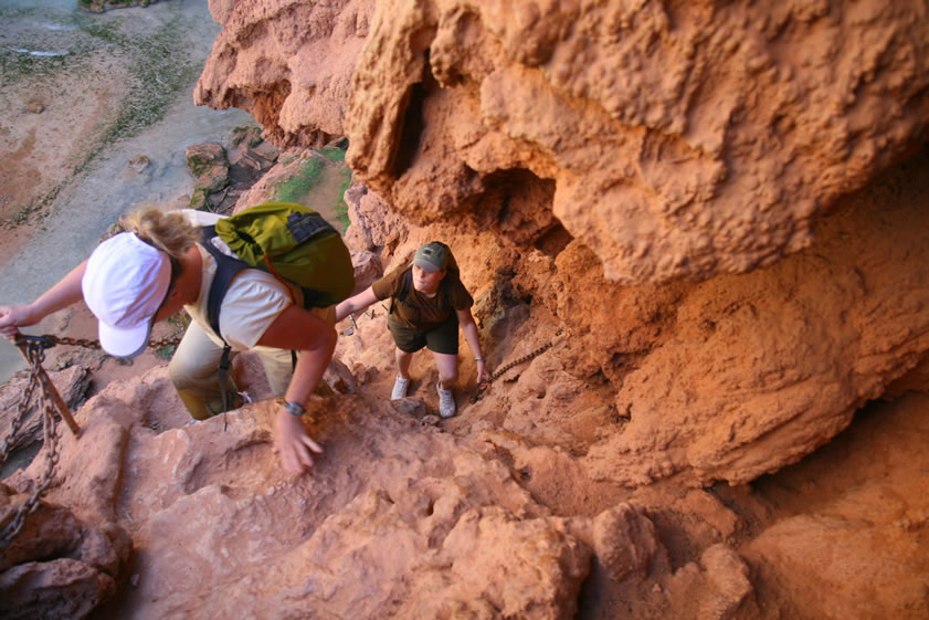 In spite of the tough hike down to Beaver Falls, Niki, Jenny and Joyce do a great job of climbing steadily higher up the precarious ascent.