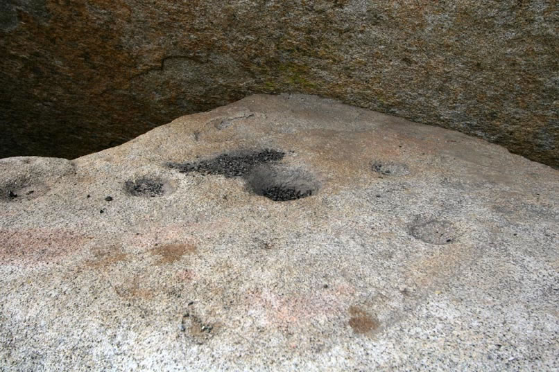 Finally, here's a close-up look at the cupules which adorn the top of the boulder beneath the pictograph.
