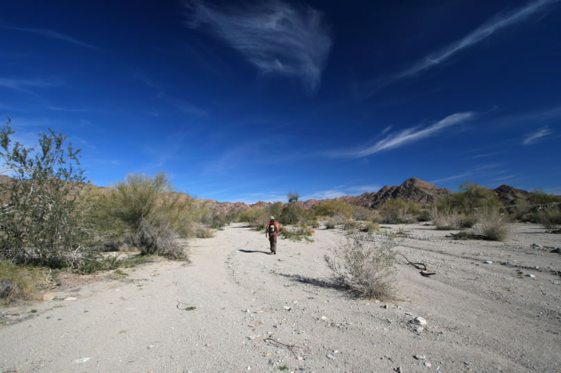 Washes are the highways of the desert so we use this one to head toward the distant hills.