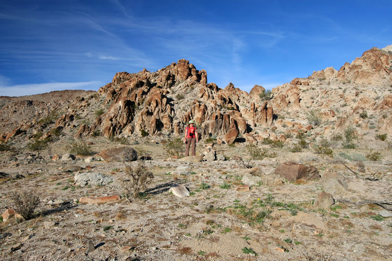 A funny thing happened to us while hiking down the wash.  We decided that we just might have enough daylight left to check out that old gold mine after all!   Here we've climbed out of the wash and are now working our way around a hill to the site of the mine.
