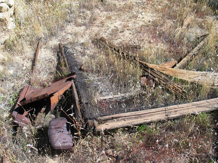 This one has the best trash!  She tells me that as she worked up the stream bed to this spot she also found a small foundation as for a shed.  Here you can see an old woven wire bed spring as well as a two handled lunch box.