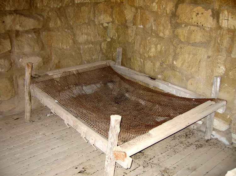 Old bed frame and woven wire mattress.