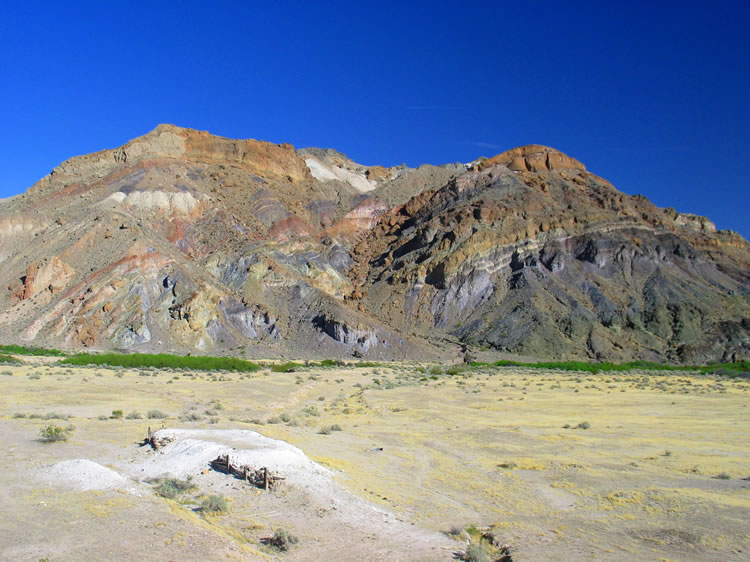A last look down at the talc loading bin and the colorful hills behind.