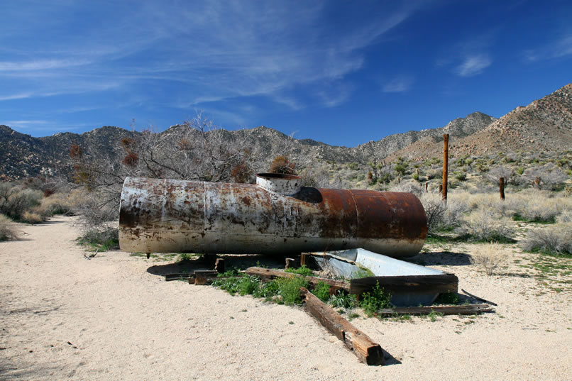 Along the way we come to the ruins of a corral, water tank and trough.