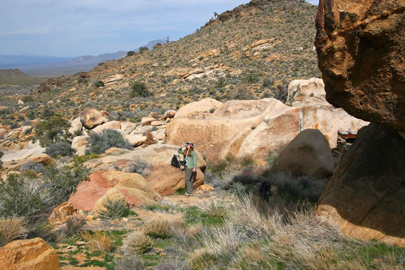 Not more than twenty yards away, partially hidden behind a boulder, is the mine camp!  Niki spotted it as she wandered down to look at the inscription on the boulder behind her.  You can just see some ruins peeping from behind the boulder to the right of the photo.