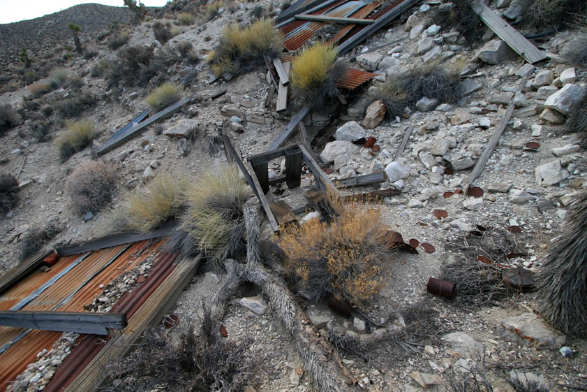 Here's a closer look showing corrugated tin walls and what looks like a wooden work bench.