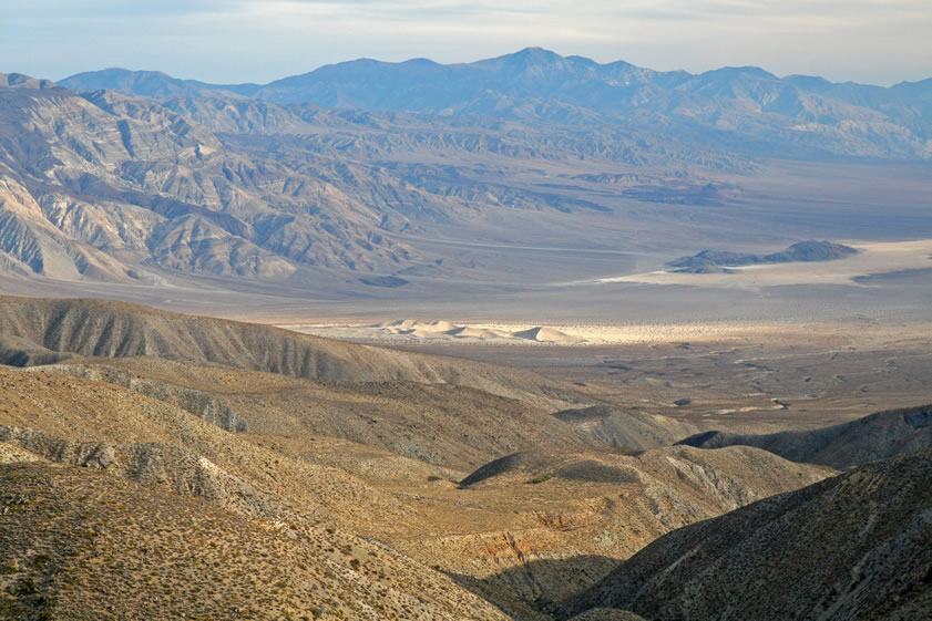 About halfway down the mountain we stop for a look at the Panamint Dunes on the valley floor below.  Lake Hill is off to the right on the edge of the dry lake bed.