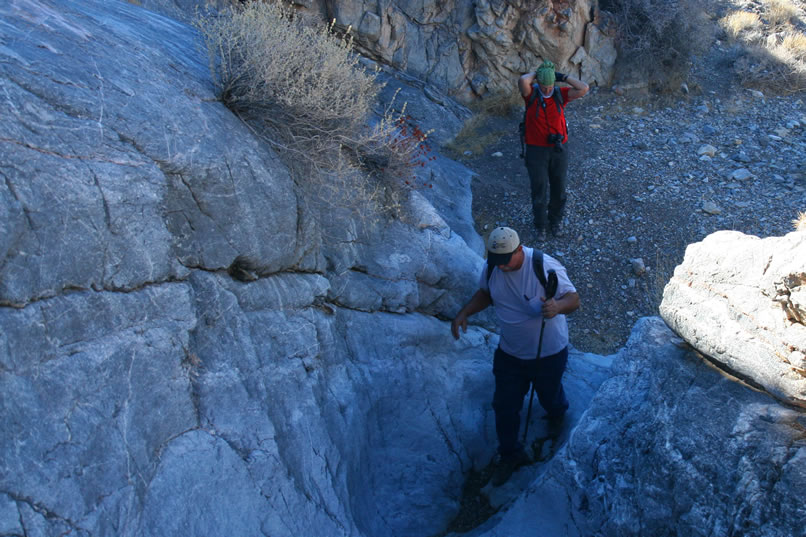 Bill Gossett sets off next with Jamie waiting her turn below.  We feel incredibly lucky to be joined for today's hike by Wild Bill since he has a vast knowledge of the Death Valley area, is as strong as an ox, and keeps us all laughing at his jokes.