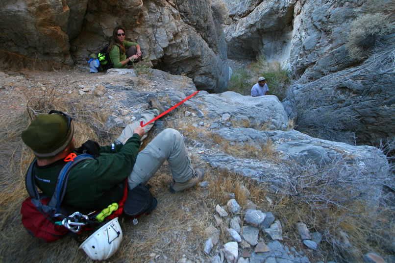 Within another twenty yards or so, we come to a steep climb that necessitates the use of webbing with another belay at the top by Dezdan.