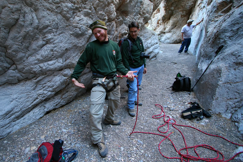 Now Dan gears up to anchor the lower end of the line.